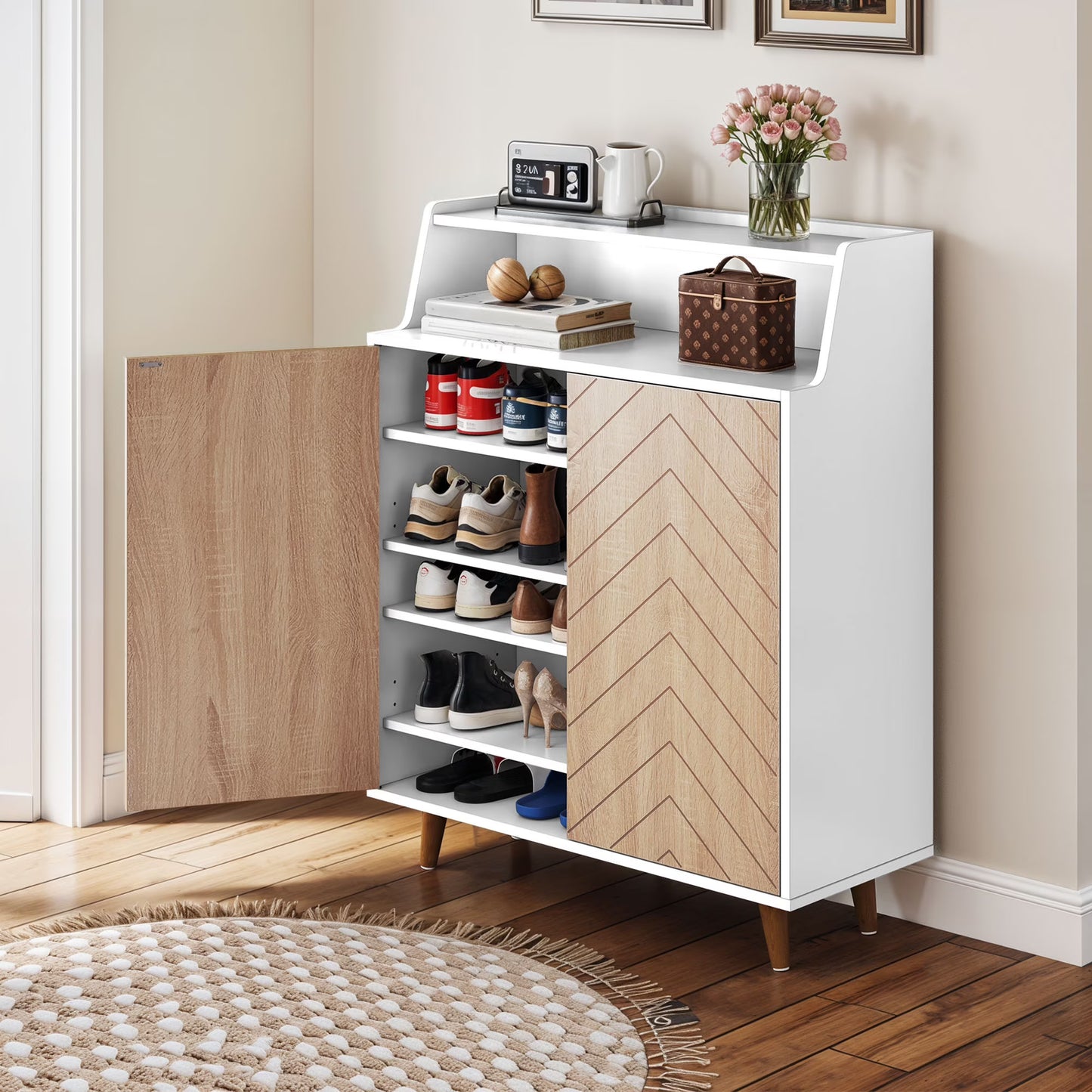 5-Tiers Shoe Cabinet with Door, Shoe Rack Organizer Cabinet with Adjustable Shelves, White