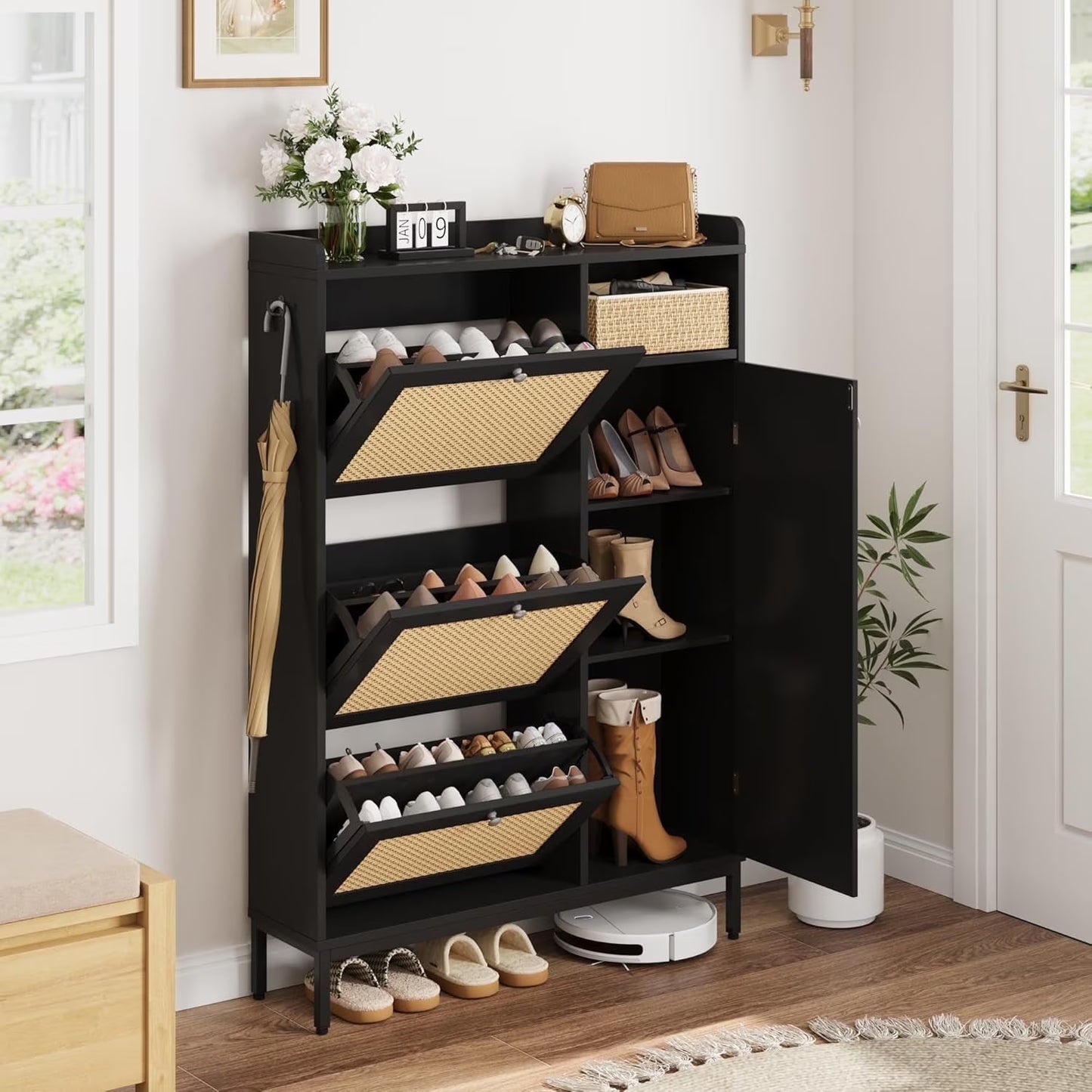 Rattan Shoe Storage Cabinet with Doors and 3 Flip Drawers, Freestanding Organizer with Adjustable Shelves for Entryway, Narrow Shoe Rack Cabinet for Hallway, Easy Assembly, Black