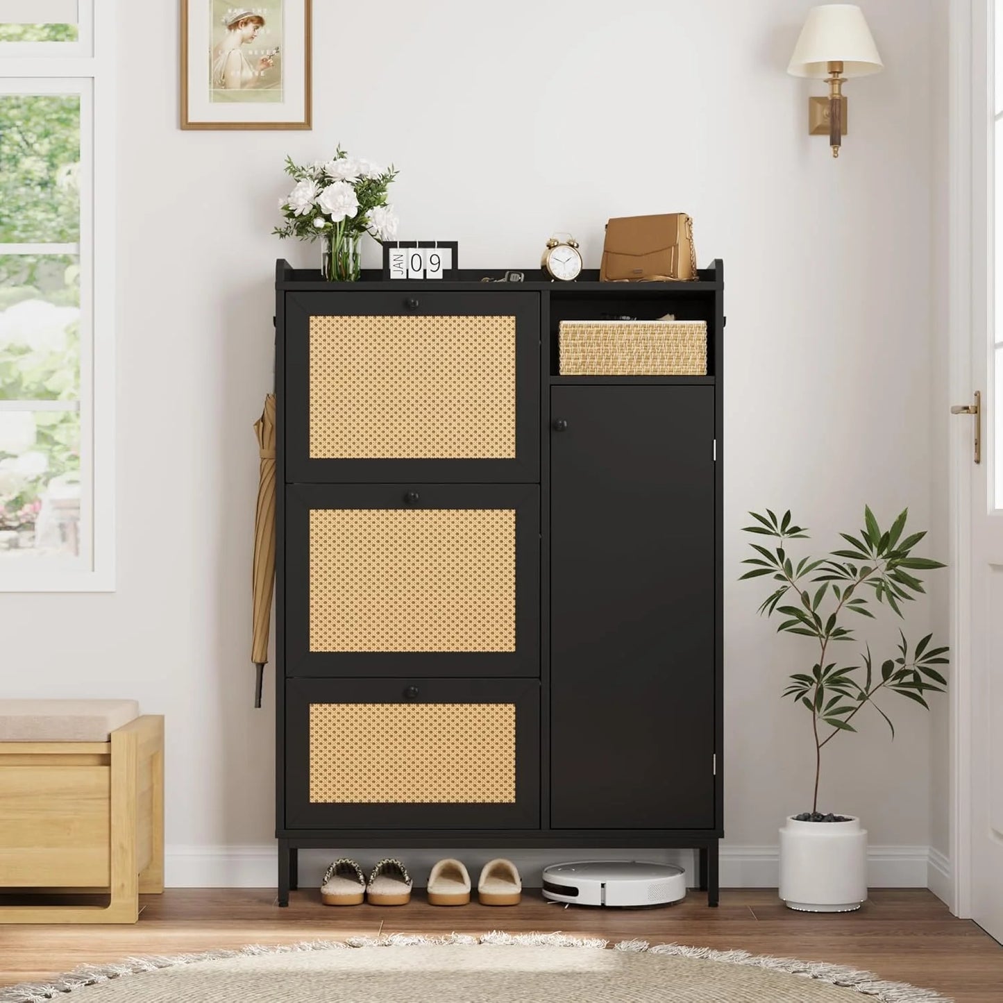 Rattan Shoe Storage Cabinet with Doors and 3 Flip Drawers, Freestanding Organizer with Adjustable Shelves for Entryway, Narrow Shoe Rack Cabinet for Hallway, Easy Assembly, Black
