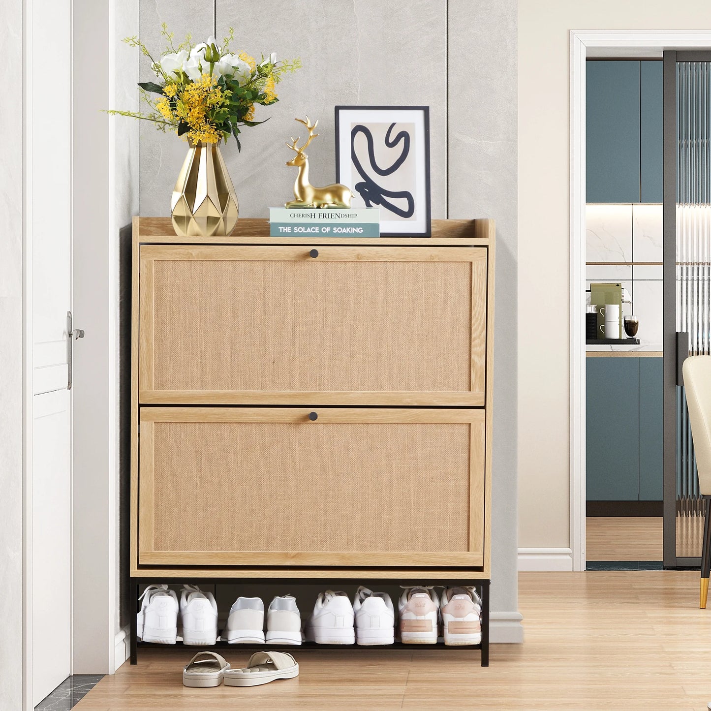 Shoe Storage Cabinet with Flip Drawers for Entryway, Shoe Rack Organizer with Open Shelf, Natural