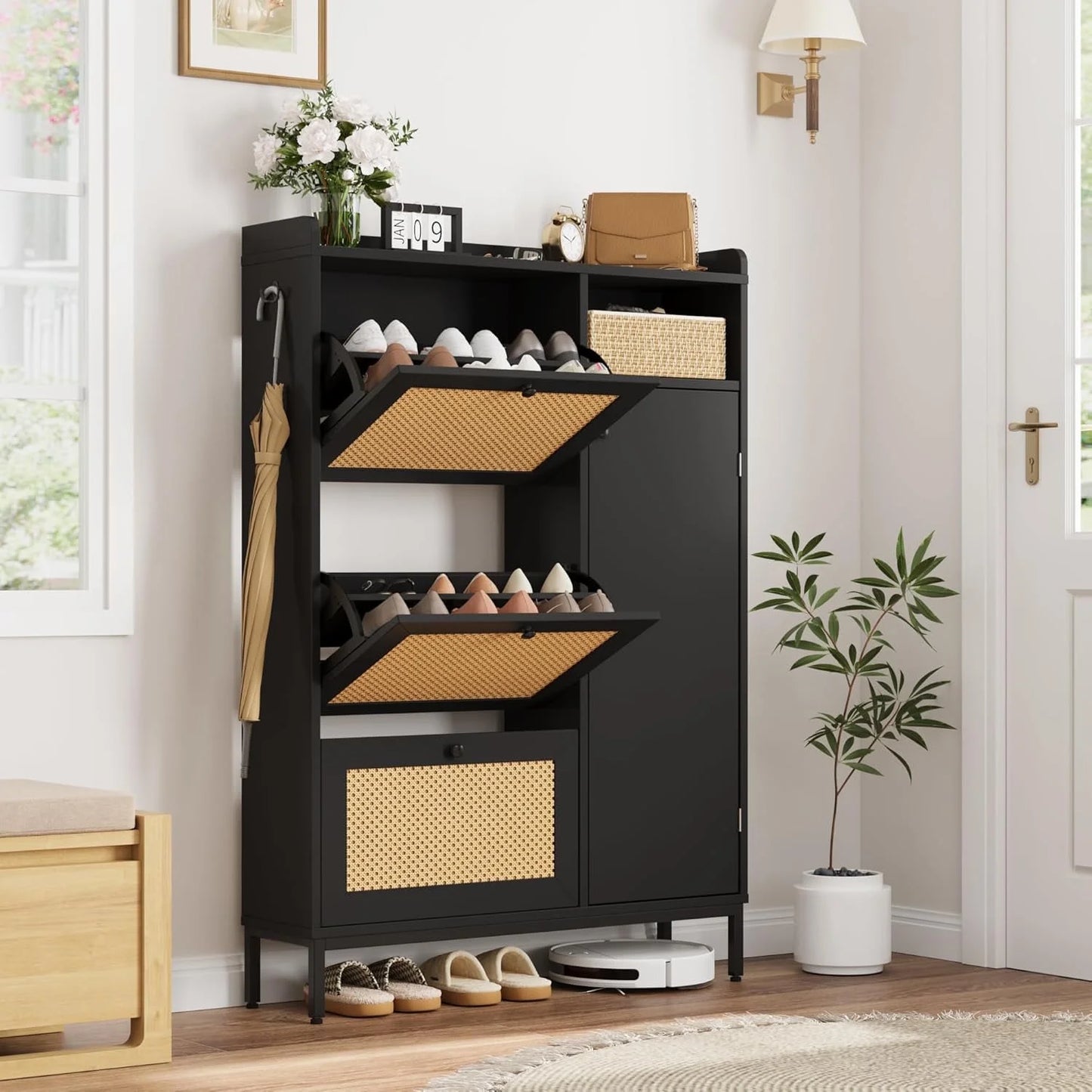 Rattan Shoe Storage Cabinet with Doors and 3 Flip Drawers, Freestanding Organizer with Adjustable Shelves for Entryway, Narrow Shoe Rack Cabinet for Hallway, Easy Assembly, Black