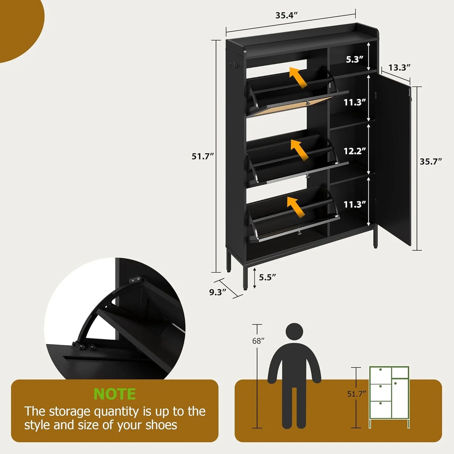 Rattan Shoe Storage Cabinet with Doors and 3 Flip Drawers, Freestanding Organizer with Adjustable Shelves for Entryway, Narrow Shoe Rack Cabinet for Hallway, Easy Assembly, Black
