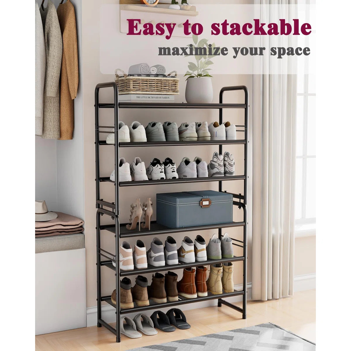 32'' Wide 3-Tier Metal Mesh Shoe Rack for Closet, Stackable and Adjustable, Good for High Heels