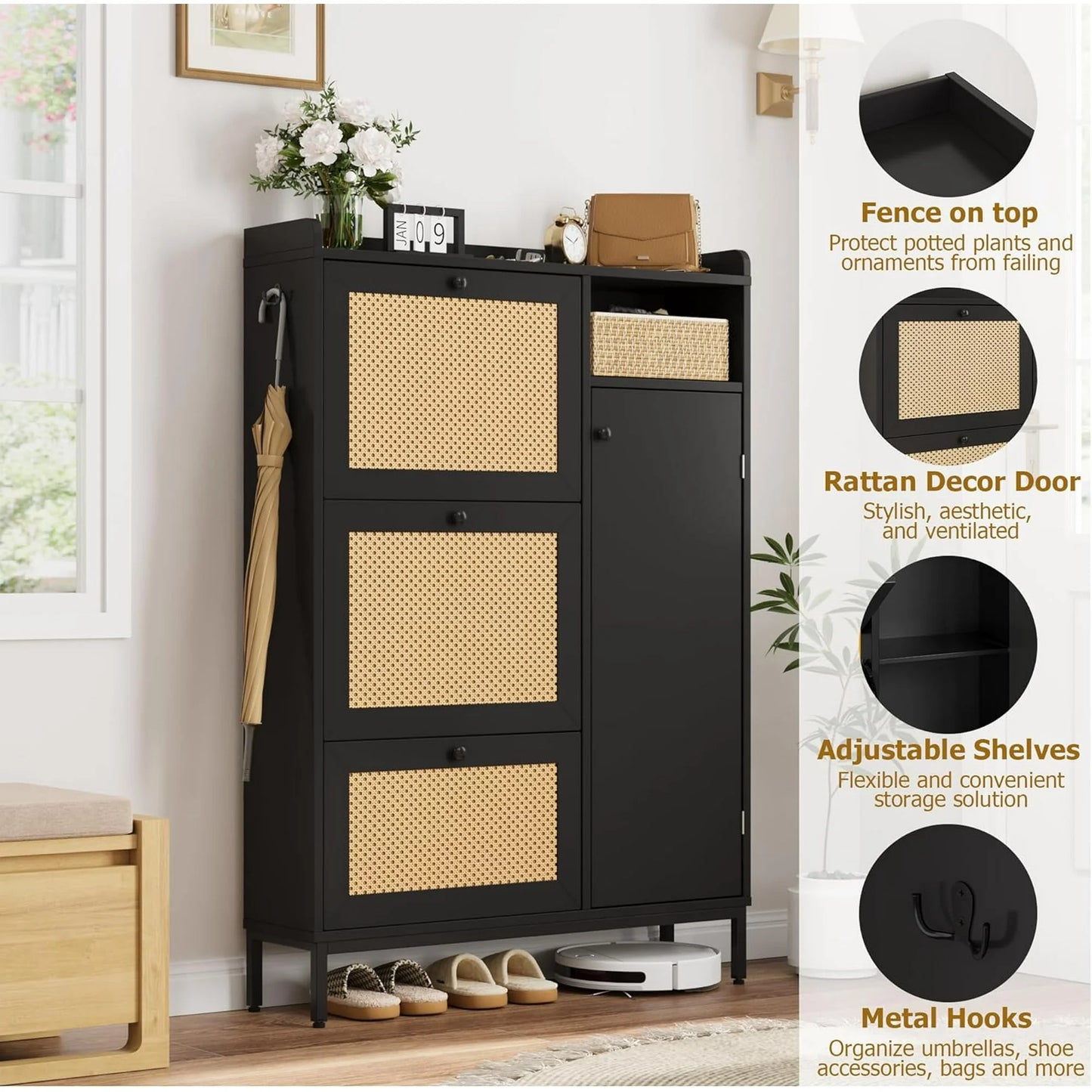 Rattan Shoe Storage Cabinet with Doors and 3 Flip Drawers, Freestanding Organizer with Adjustable Shelves for Entryway, Narrow Shoe Rack Cabinet for Hallway, Easy Assembly, Black