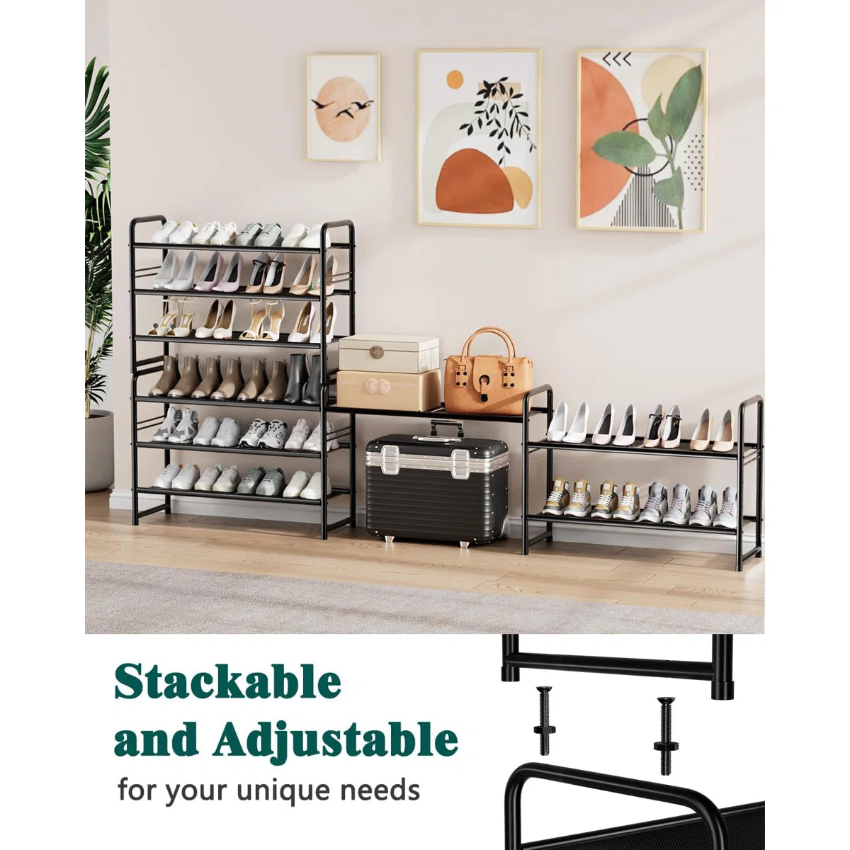 32'' Wide 3-Tier Metal Mesh Shoe Rack for Closet, Stackable and Adjustable, Good for High Heels