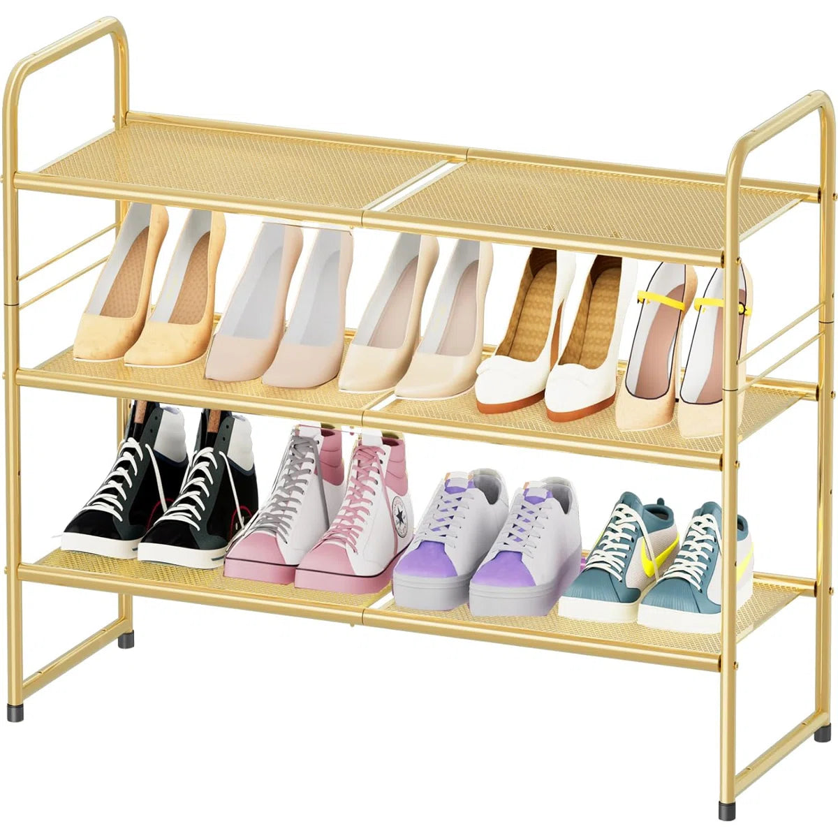 32'' Wide 3-Tier Metal Mesh Shoe Rack for Closet, Stackable and Adjustable, Good for High Heels