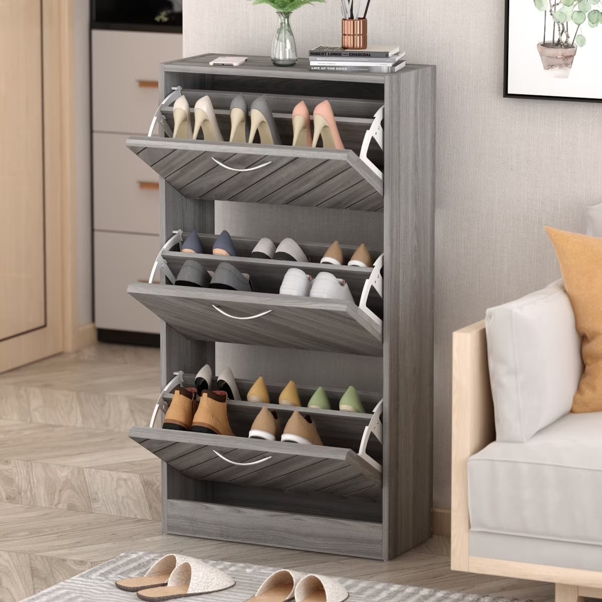 Wood Shoe Rack Storage Cupboard with 2 Tilt-Out Doors