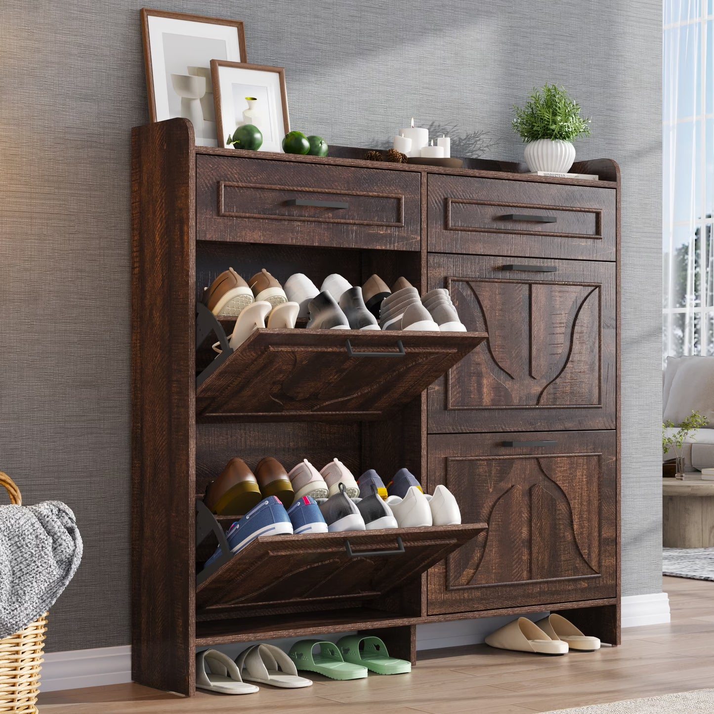 Shoe Storage Cabinet with 4 Flip Drawers&2 Drawers, 47''W Freestanding Shoe Storage Cabinet with Adjustable Shelves, Hidden Narrow Shoe Rack Cabinet Storage for Entryway, Hallway, Living Room