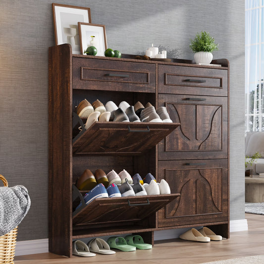 Shoe Storage Cabinet with 4 Flip Drawers&2 Drawers, 47''W Freestanding Shoe Storage Cabinet with Adjustable Shelves, Hidden Narrow Shoe Rack Cabinet Storage for Entryway, Hallway, Living Room
