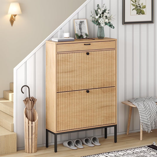 Shoe Storage Cabinet with Drawer, Slim Entryway Shoe Organizer with Fluted Panel Doors for Slippers Sneakers and High Heels | 12 Pair