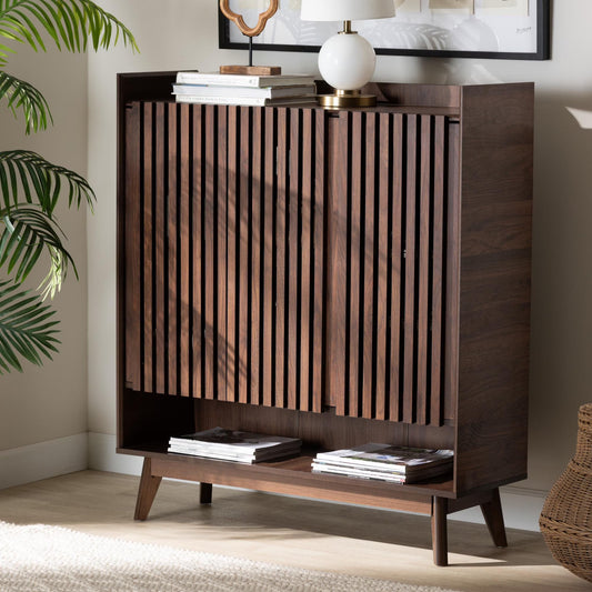 Delaire Mid-Century Modern Walnut Brown Finished Wood Shoe Cabinet