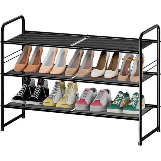32'' Wide 3-Tier Metal Mesh Shoe Rack for Closet, Stackable and Adjustable, Good for High Heels