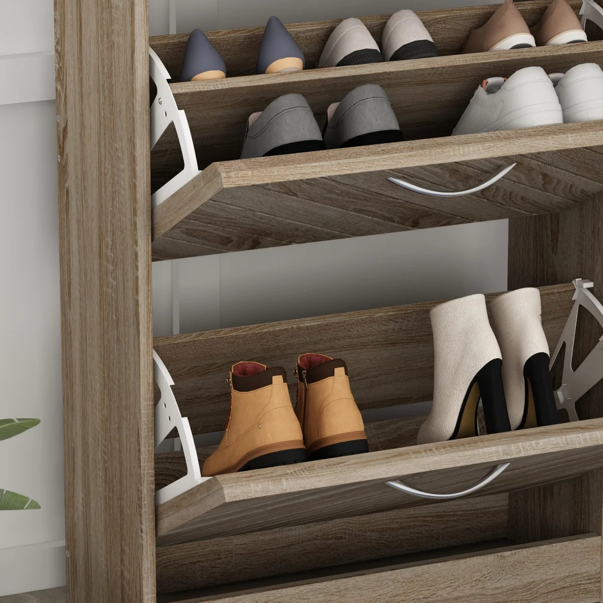 Modern Shoe Cabinet, Wood 3 Tilt-Out Doors Shoe Rack Storage up to 18 pairs , Light Brown