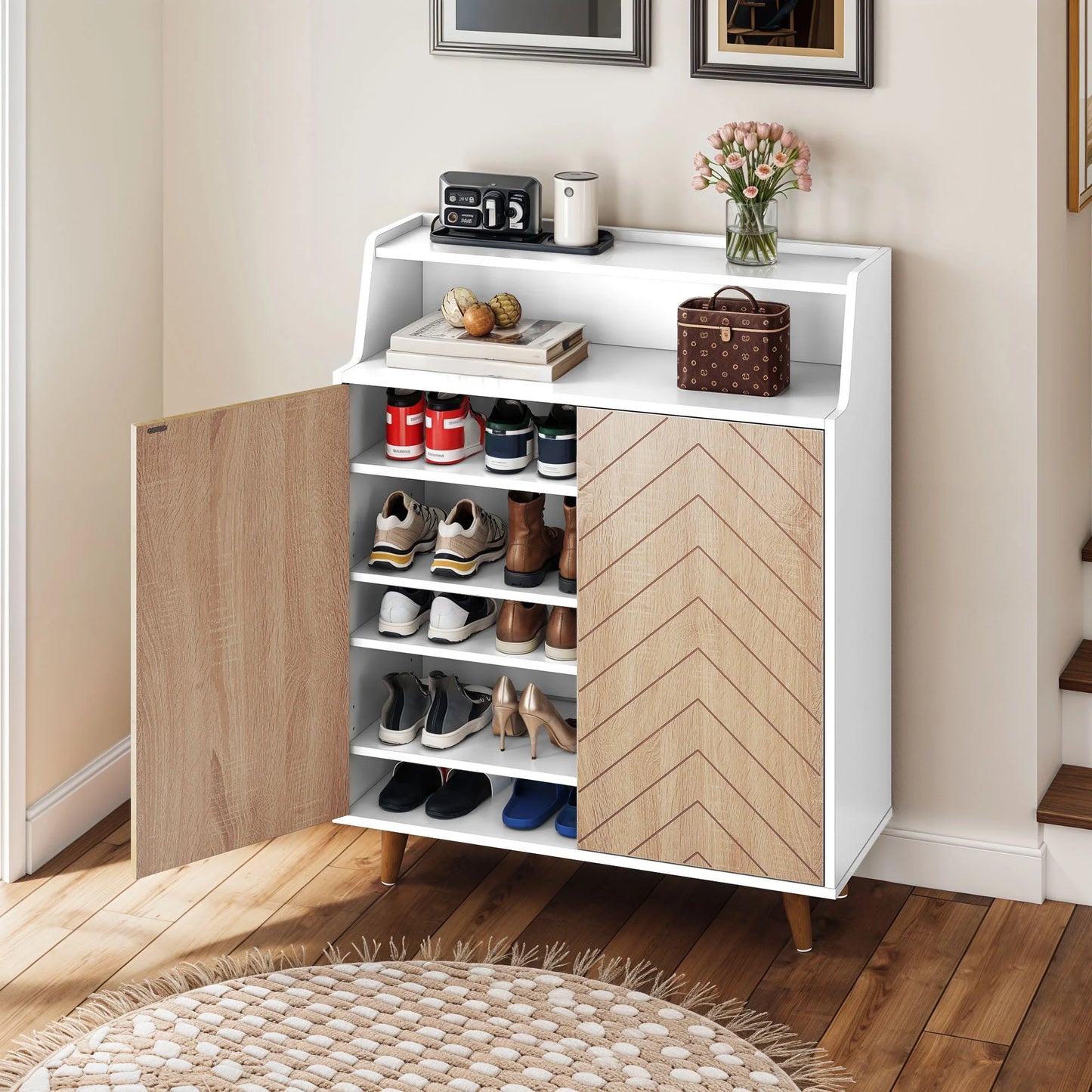 5-Tiers Shoe Cabinet with Door, Shoe Rack Organizer Cabinet with Adjustable Shelves, White