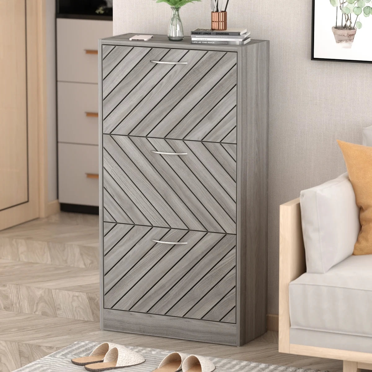 Wood Shoe Rack Storage Cupboard with 2 Tilt-Out Doors