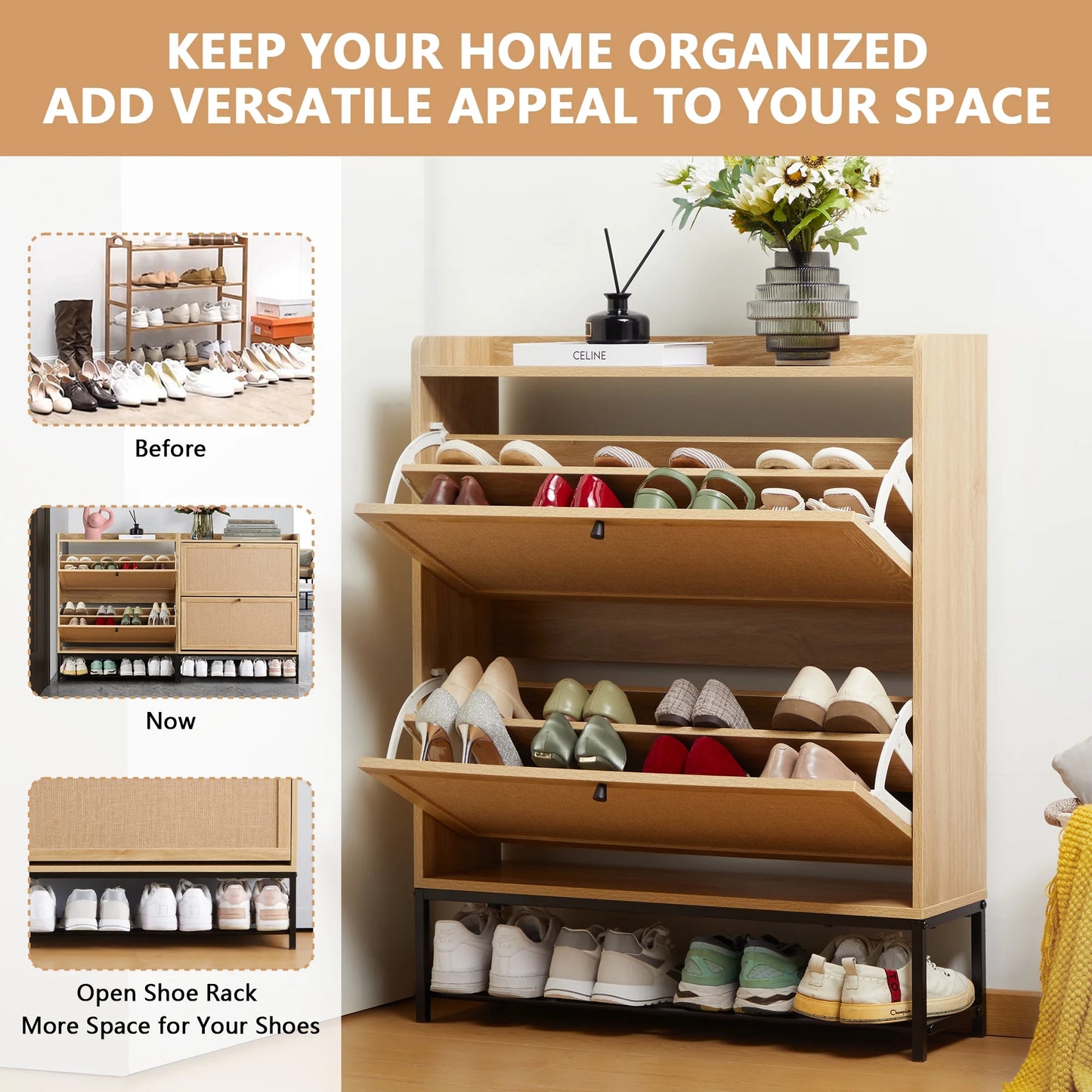 Shoe Storage Cabinet with Flip Drawers for Entryway, Shoe Rack Organizer with Open Shelf, Natural