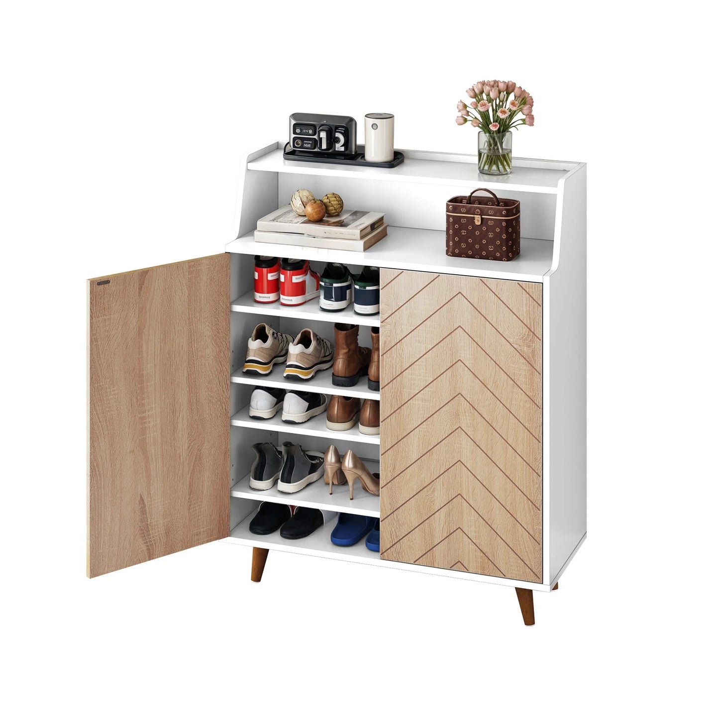 5-Tiers Shoe Cabinet with Door, Shoe Rack Organizer Cabinet with Adjustable Shelves, White