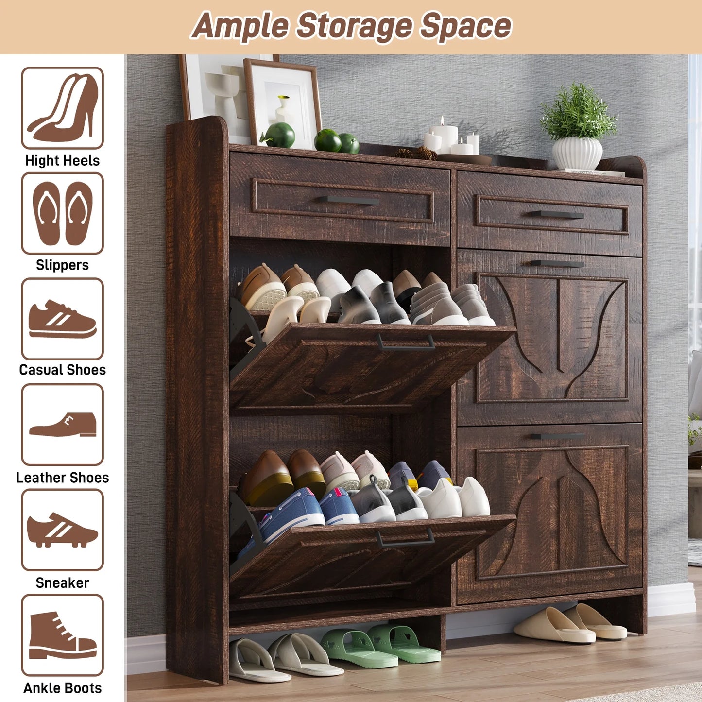 Shoe Storage Cabinet with 4 Flip Drawers&2 Drawers, 47''W Freestanding Shoe Storage Cabinet with Adjustable Shelves, Hidden Narrow Shoe Rack Cabinet Storage for Entryway, Hallway, Living Room