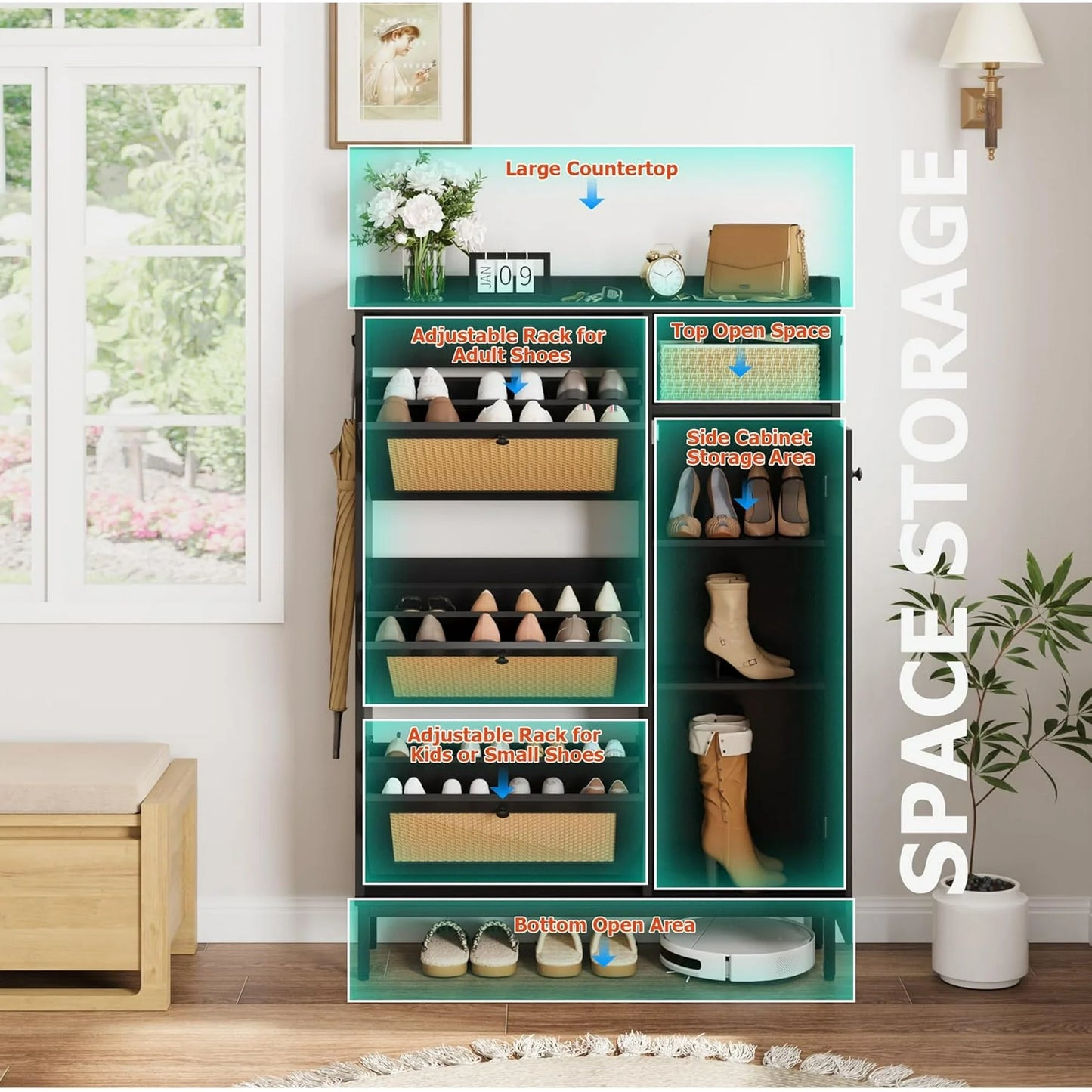 Rattan Shoe Storage Cabinet with Doors and 3 Flip Drawers, Freestanding Organizer with Adjustable Shelves for Entryway, Narrow Shoe Rack Cabinet for Hallway, Easy Assembly, Black