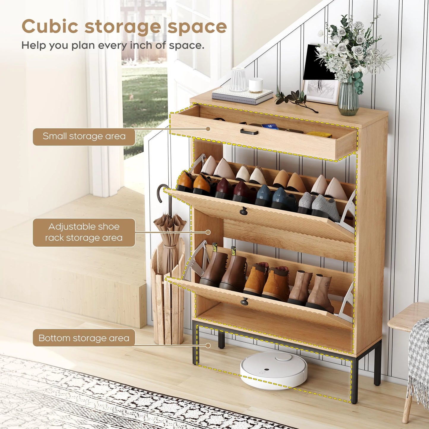 Shoe Storage Cabinet with Drawer, Slim Entryway Shoe Organizer with Fluted Panel Doors for Slippers Sneakers and High Heels | 12 Pair