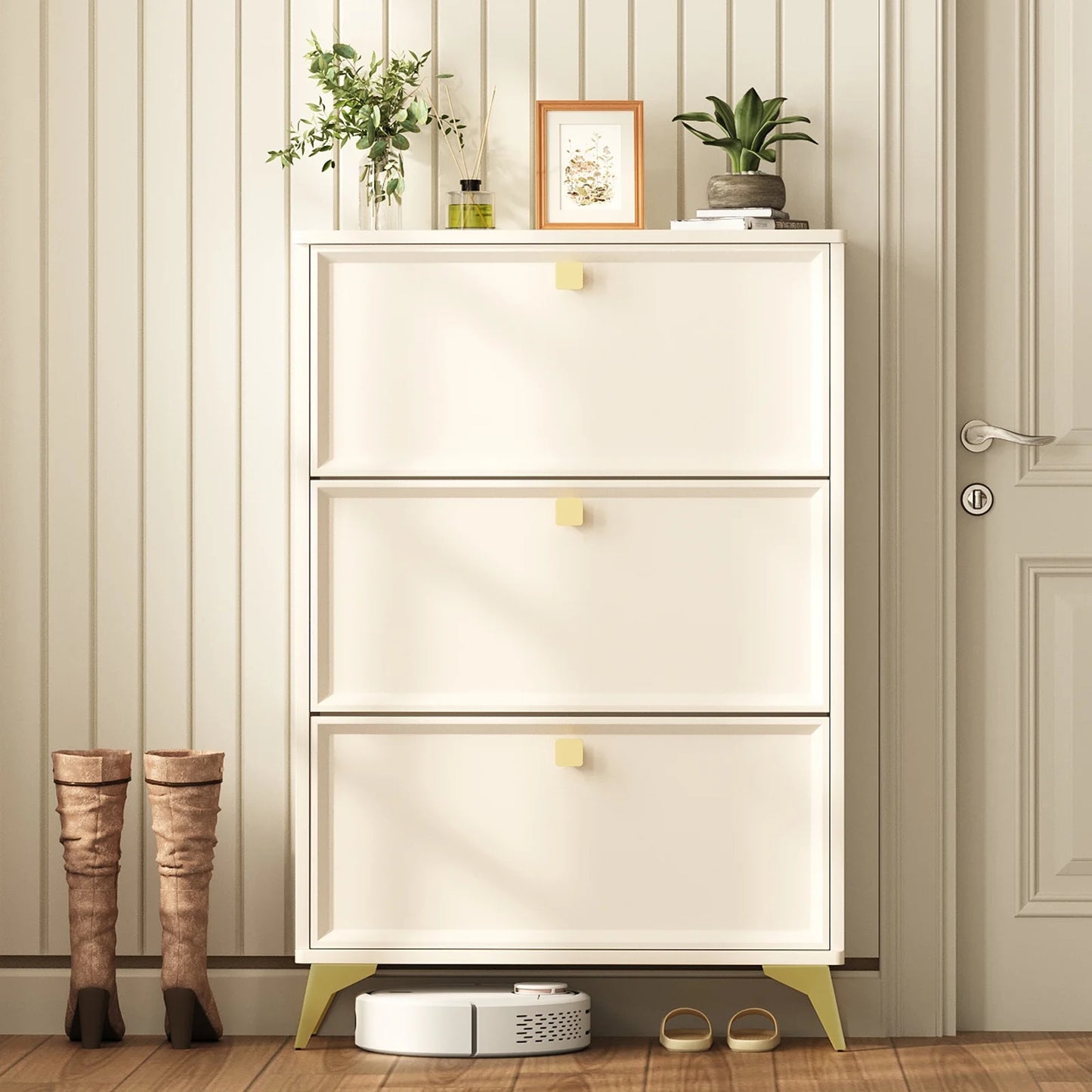 Shoe Cabinet with 3 Flip Drawers Hidden Shoe Storage Narrow Shoe Closet for Entryway Slim