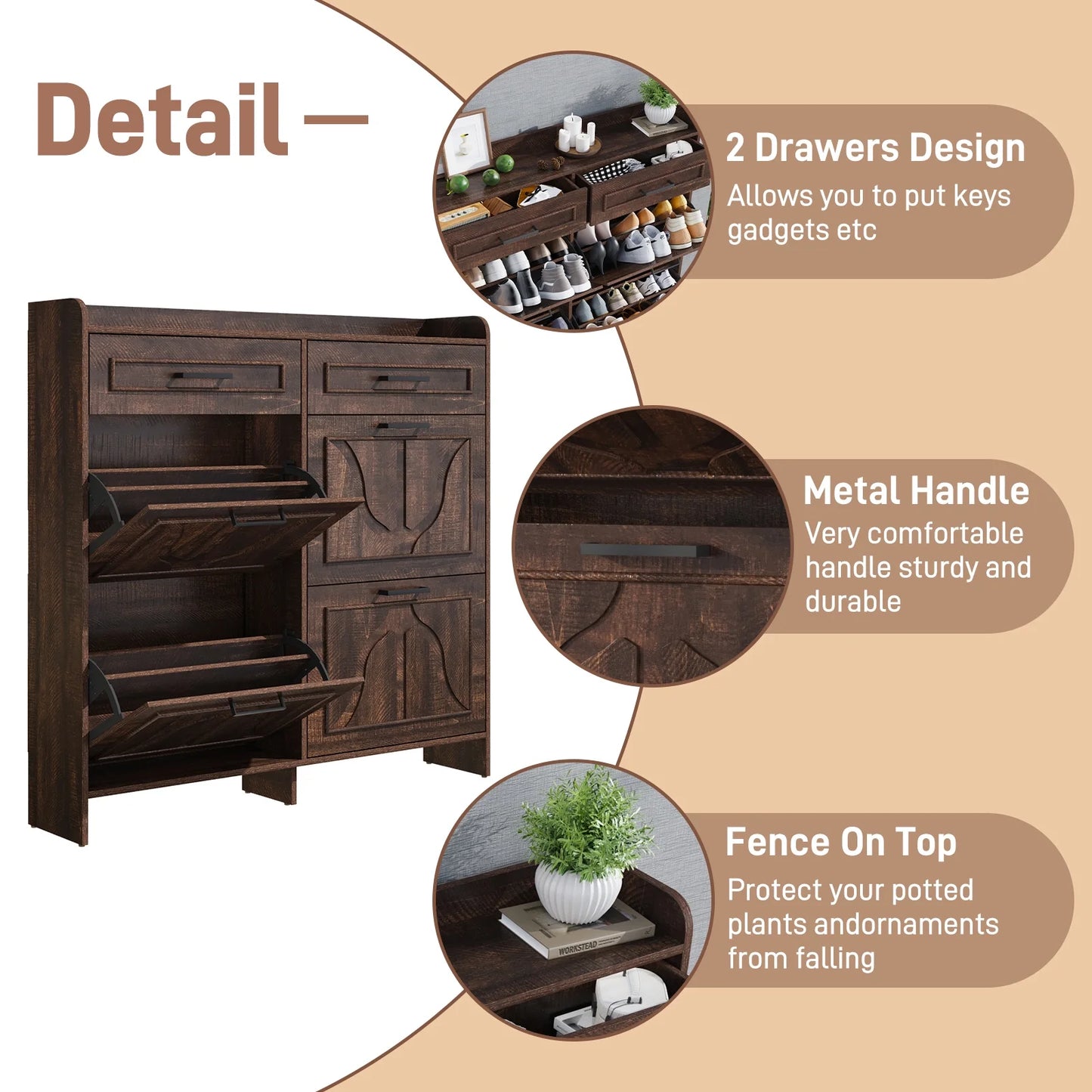 Shoe Storage Cabinet with 4 Flip Drawers&2 Drawers, 47''W Freestanding Shoe Storage Cabinet with Adjustable Shelves, Hidden Narrow Shoe Rack Cabinet Storage for Entryway, Hallway, Living Room