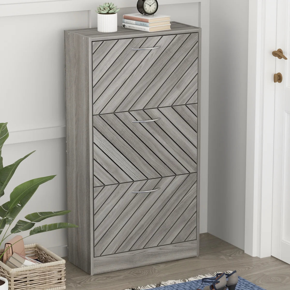 Wood Shoe Rack Storage Cupboard with 2 Tilt-Out Doors