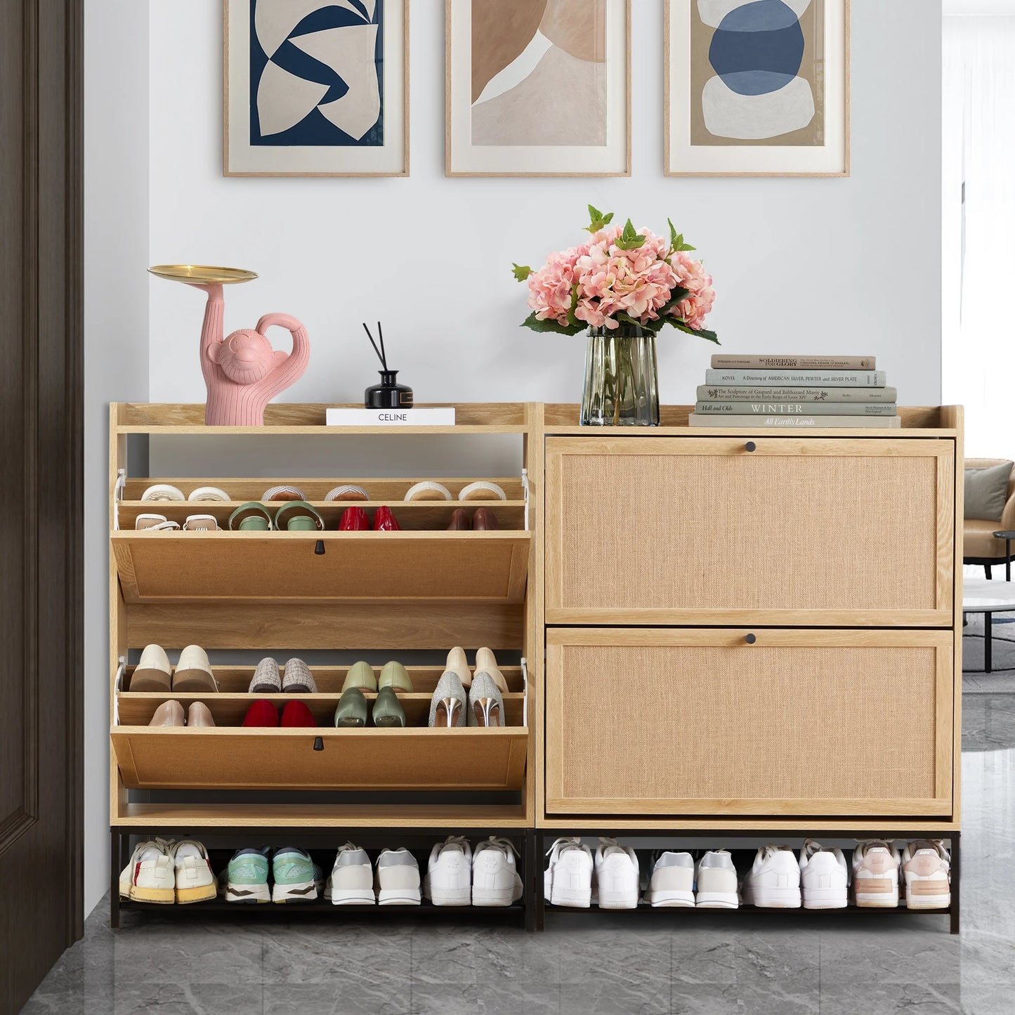 Shoe Storage Cabinet with Flip Drawers for Entryway, Shoe Rack Organizer with Open Shelf, Natural