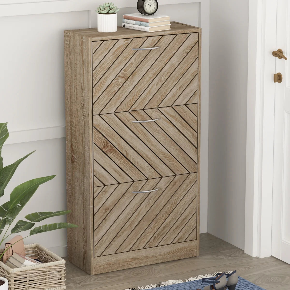 Modern Shoe Cabinet, Wood 3 Tilt-Out Doors Shoe Rack Storage up to 18 pairs , Light Brown