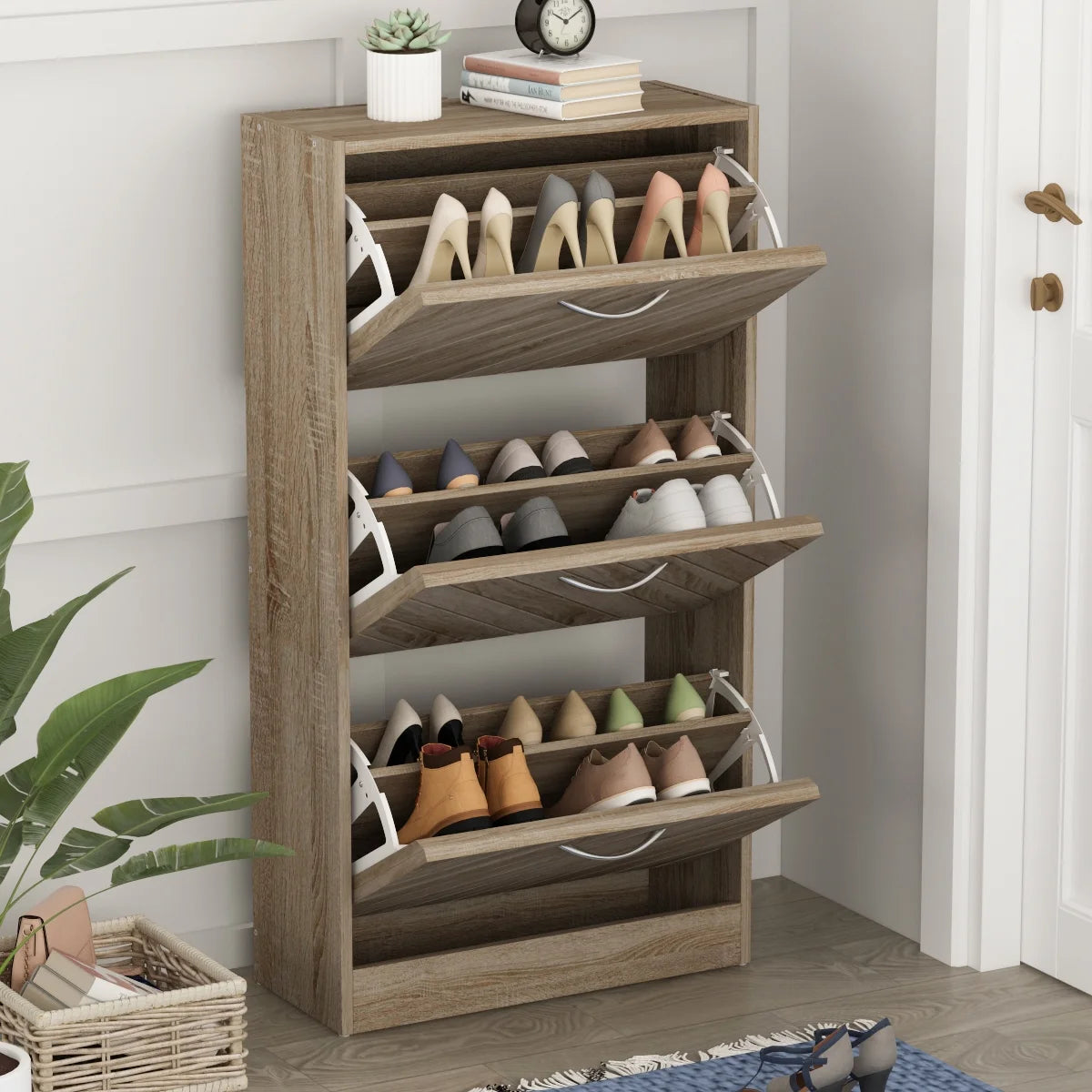 Modern Shoe Cabinet, Wood 3 Tilt-Out Doors Shoe Rack Storage up to 18 pairs , Light Brown