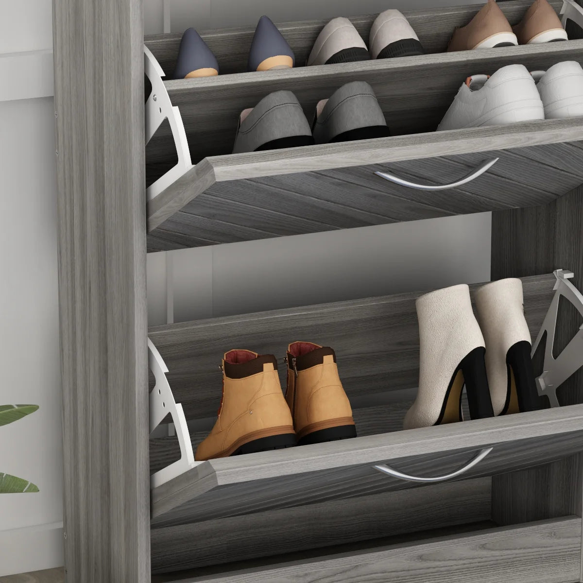 Wood Shoe Rack Storage Cupboard with 2 Tilt-Out Doors