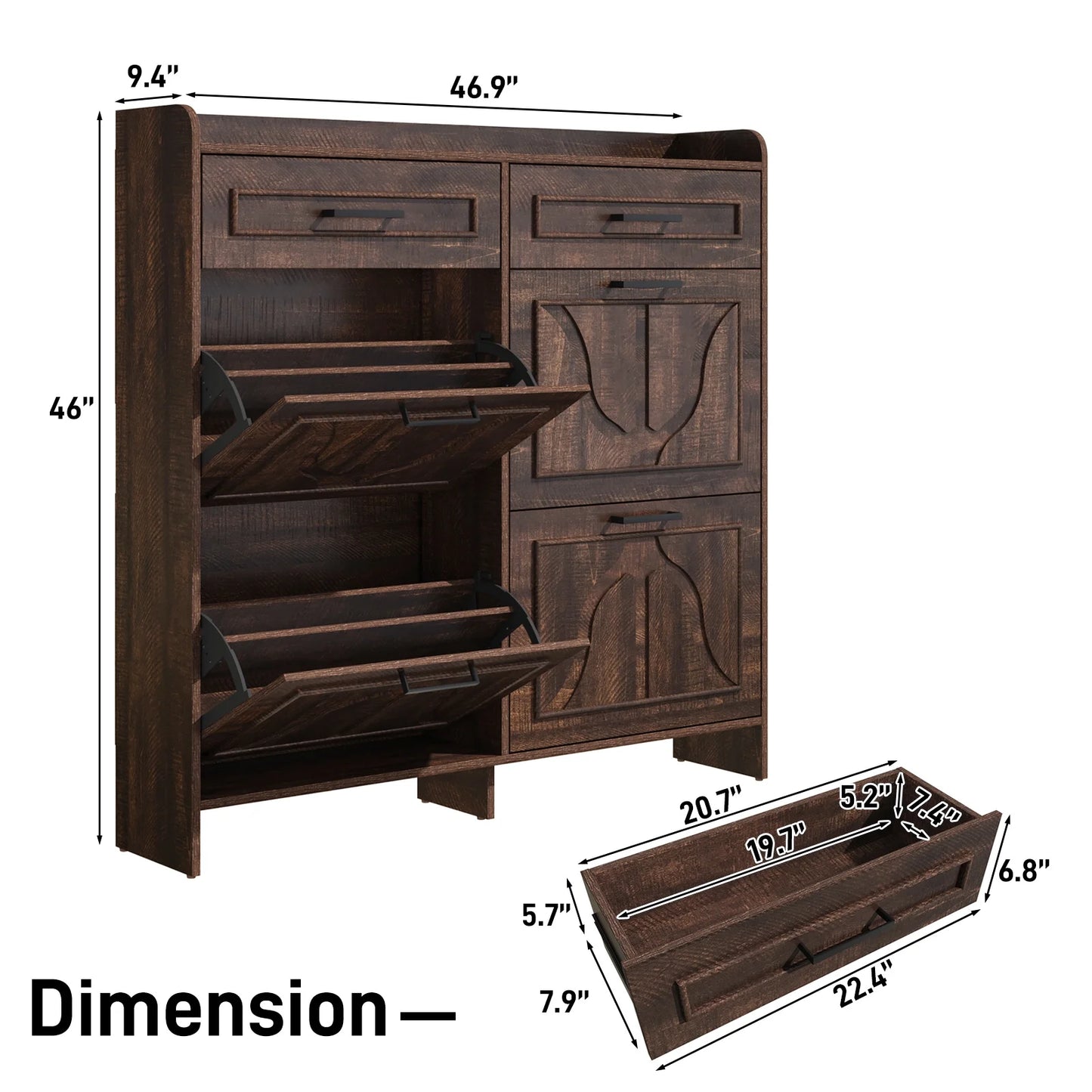 Shoe Storage Cabinet with 4 Flip Drawers&2 Drawers, 47''W Freestanding Shoe Storage Cabinet with Adjustable Shelves, Hidden Narrow Shoe Rack Cabinet Storage for Entryway, Hallway, Living Room
