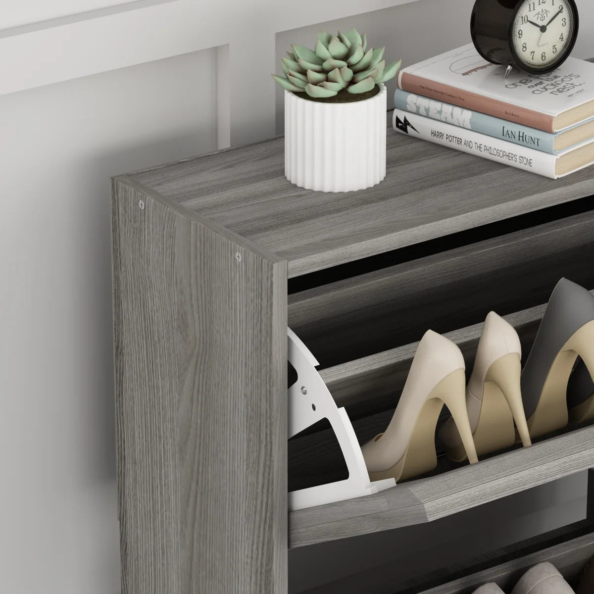 Wood Shoe Rack Storage Cupboard with 2 Tilt-Out Doors