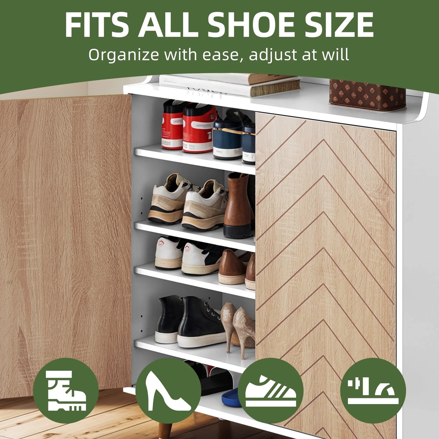 5-Tiers Shoe Cabinet with Door, Shoe Rack Organizer Cabinet with Adjustable Shelves, White