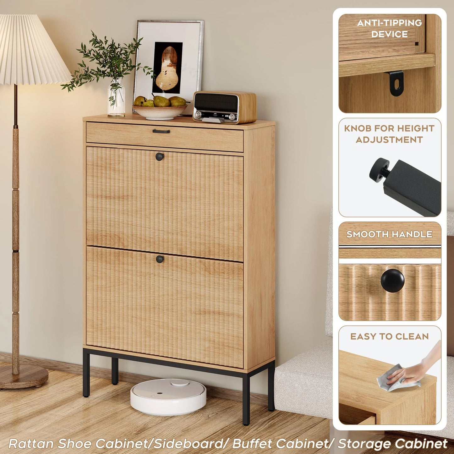 Shoe Storage Cabinet with Drawer, Slim Entryway Shoe Organizer with Fluted Panel Doors for Slippers Sneakers and High Heels | 12 Pair