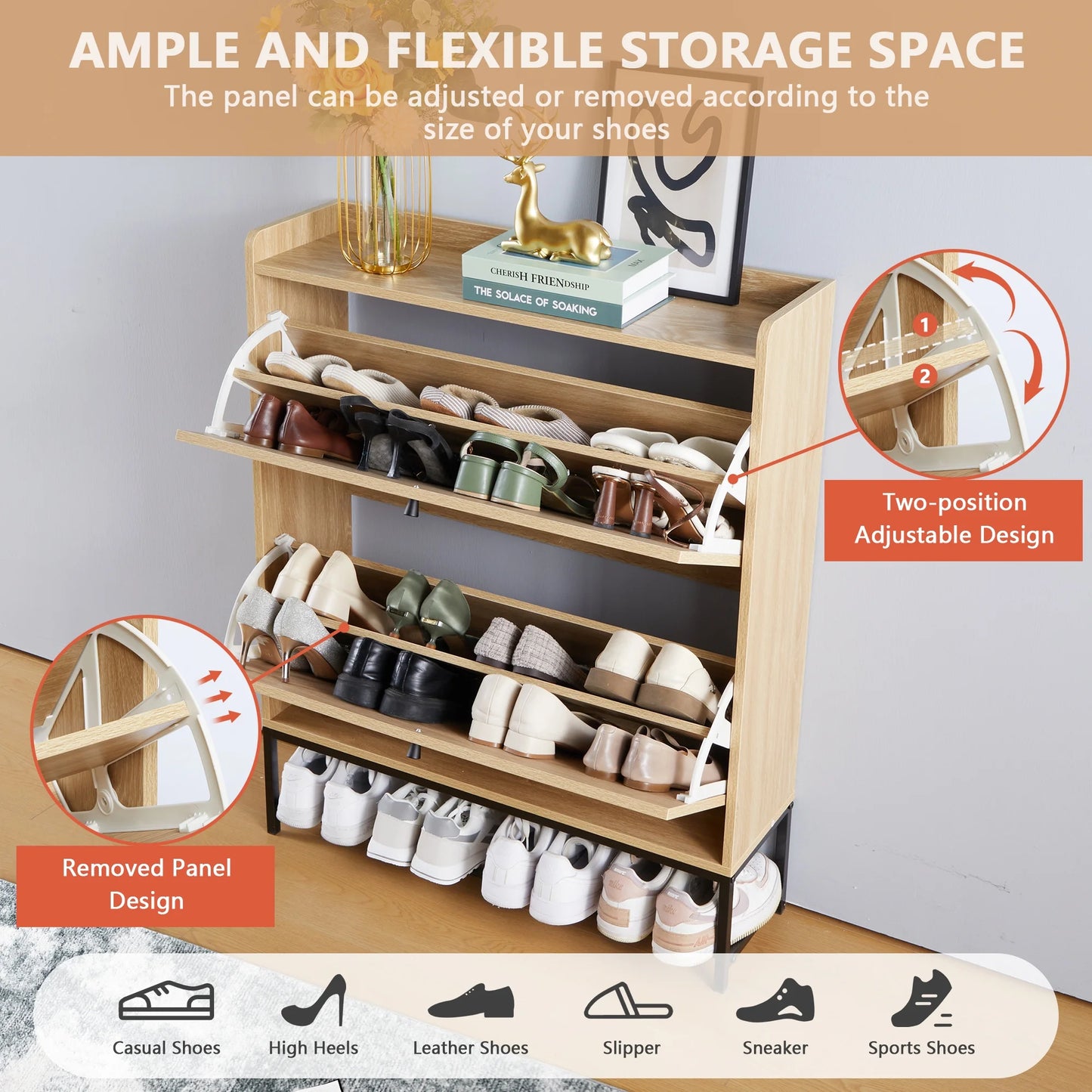 Shoe Storage Cabinet with Flip Drawers for Entryway, Shoe Rack Organizer with Open Shelf, Natural