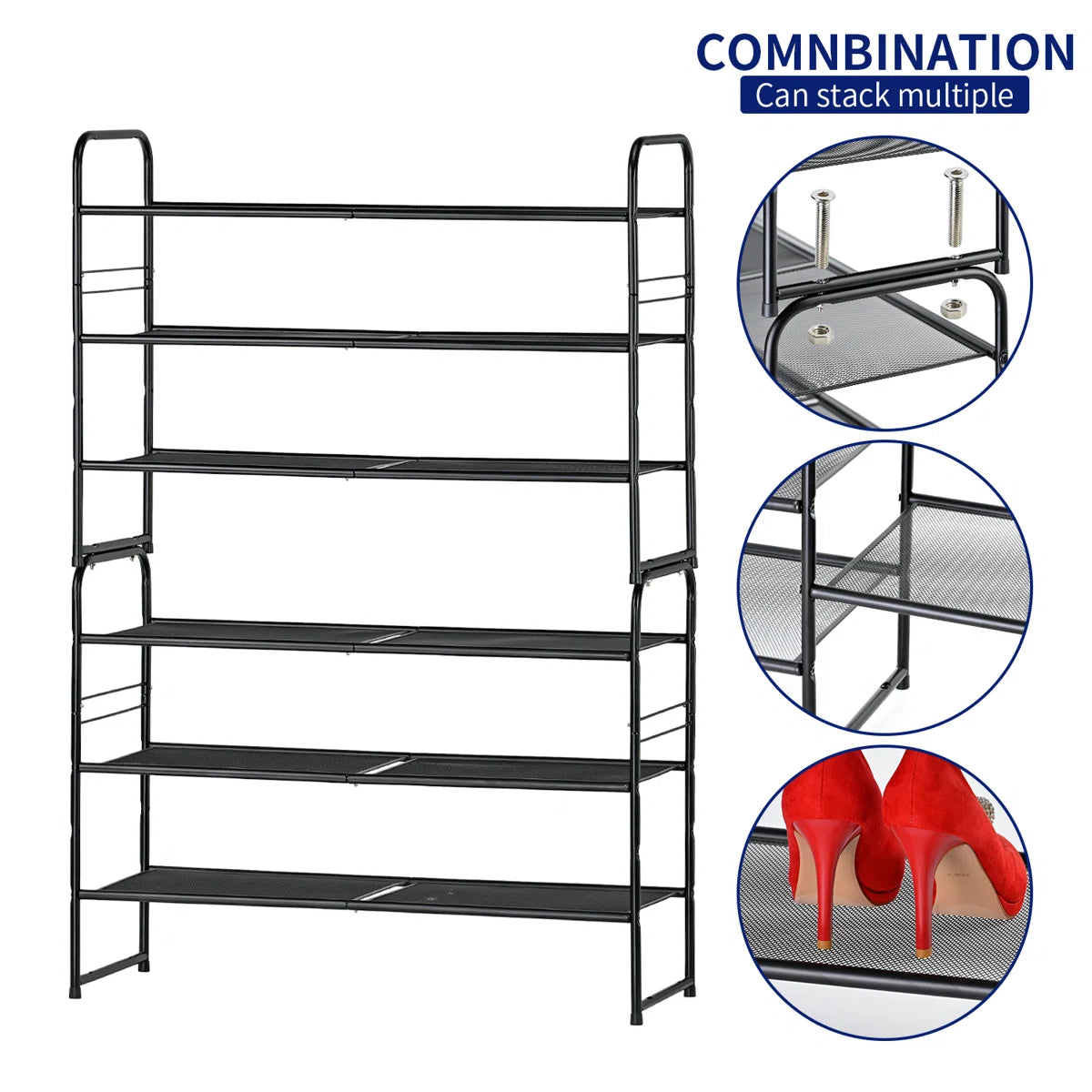 32'' Wide 3-Tier Metal Mesh Shoe Rack for Closet, Stackable and Adjustable, Good for High Heels