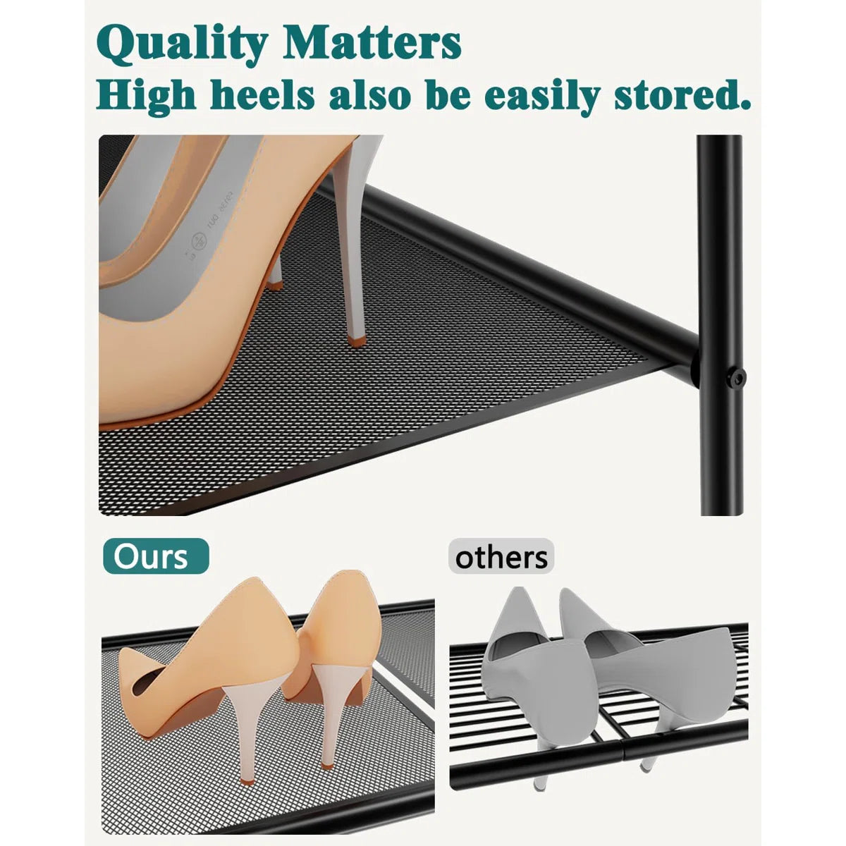 32'' Wide 3-Tier Metal Mesh Shoe Rack for Closet, Stackable and Adjustable, Good for High Heels