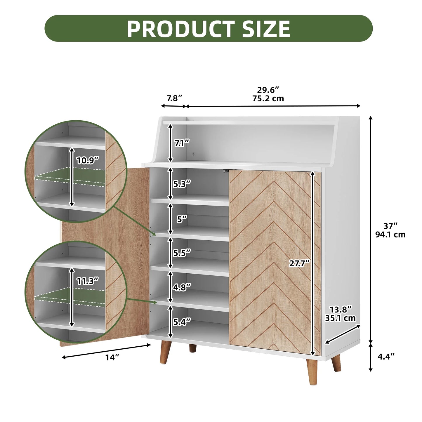 5-Tiers Shoe Cabinet with Door, Shoe Rack Organizer Cabinet with Adjustable Shelves, White