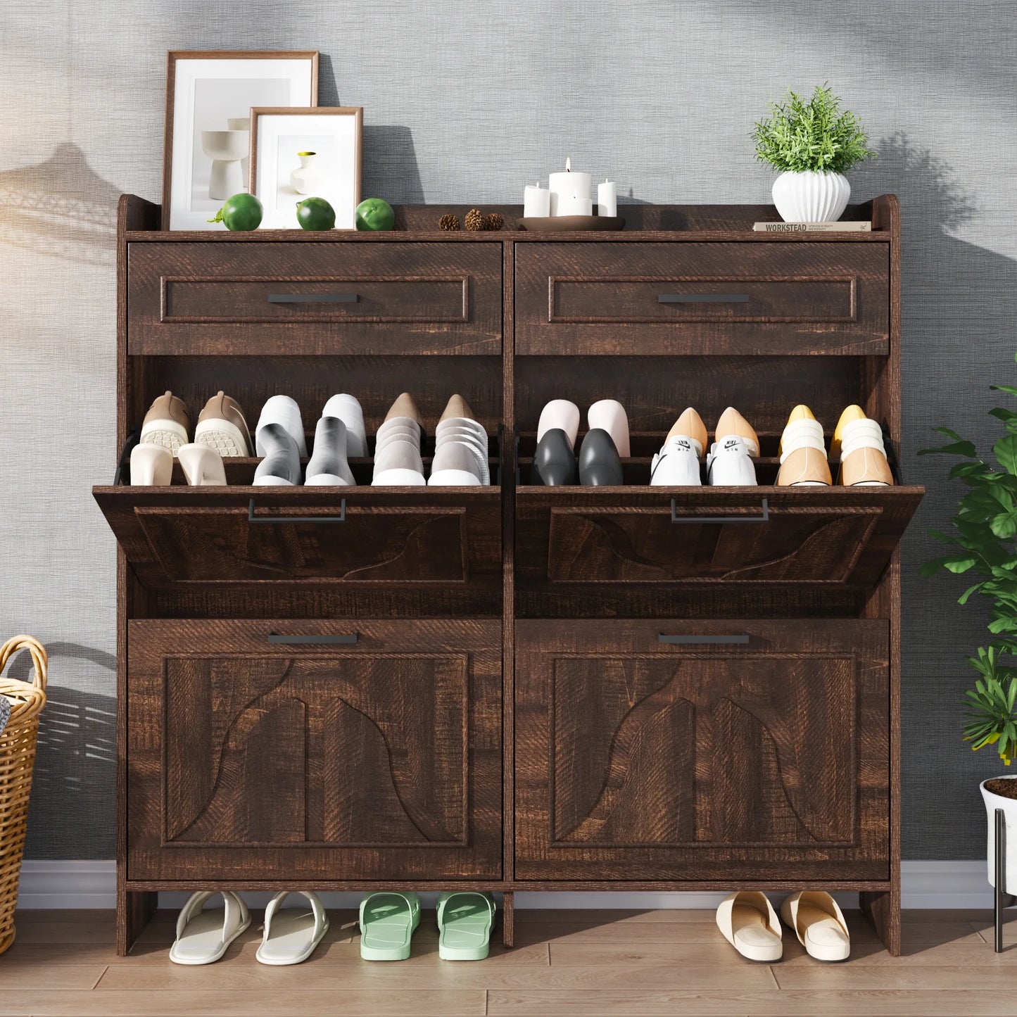 Shoe Storage Cabinet with 4 Flip Drawers&2 Drawers, 47''W Freestanding Shoe Storage Cabinet with Adjustable Shelves, Hidden Narrow Shoe Rack Cabinet Storage for Entryway, Hallway, Living Room