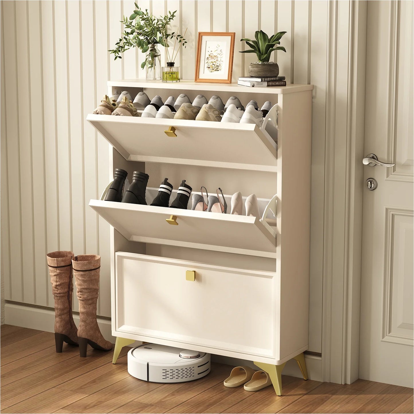 Shoe Cabinet with 3 Flip Drawers Hidden Shoe Storage Narrow Shoe Closet for Entryway Slim