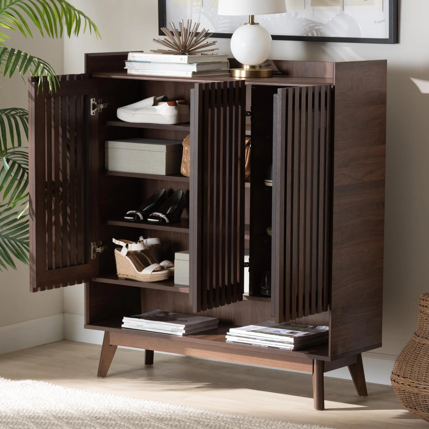 Delaire Mid-Century Modern Walnut Brown Finished Wood Shoe Cabinet
