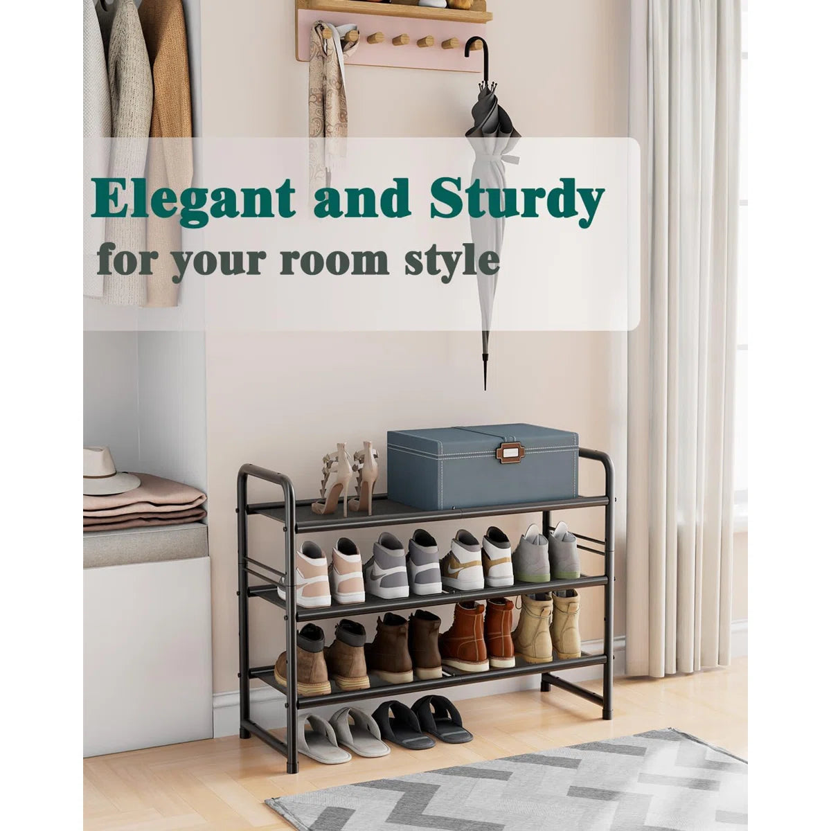 32'' Wide 3-Tier Metal Mesh Shoe Rack for Closet, Stackable and Adjustable, Good for High Heels